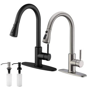 Kitchen Sink Faucet Swivel Single Handle Pull Down Mixer Tap with Soap Dispenser