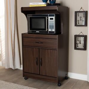 Brown Wooden Microwave Cart Rolling Kitchen Storage Shelf Stand Utility Cabinet