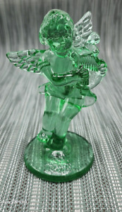 Key Lime Green Vasoline Art Glass Angel Figurine With Harp UV Shines Ltd Edition