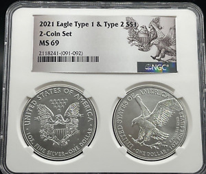 2021 $1 Type 1 and Type 2 Silver Eagle Set NGC MS69