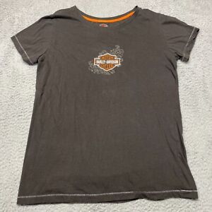 Harley Davidson Shirt Women XL Brown Cotton Embroider Logo Casual Short Sleeve