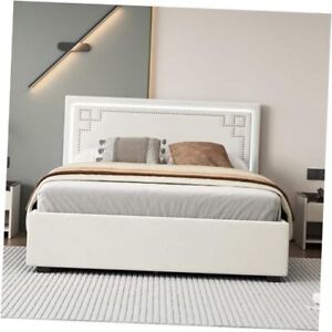 Size Upholstered Bed Frame with 4 Storage Drawers and Classic Queen Beige-4d