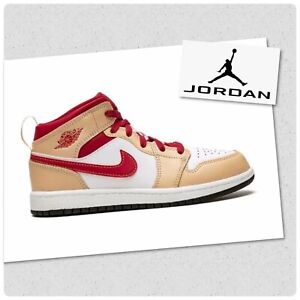 Air Jordan 1 Mid White Onyx Light Curry Beige Red 554725-201 Size 4Y / Women 5.5