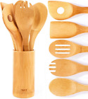 Wooden Spoons for Cooking 6 Piece Organic Bamboo Utensil Set with Holder Wood Ki
