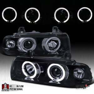 Fit 1992-1998 BMW E36 3-Series 2/4Dr Black Smoke LED Halo Projector Headlights (For: BMW)