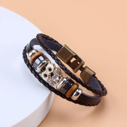 Owl Shape PU Leather Bracelet Inlaid Shiny Zircon Vintage Tribal Jewelry Stylish