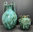 2 Joe Owen Master Potter Green Drip Seagrove North Carolina Art Pottery Vases