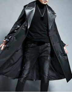 Black Stylish Men Long Trench Coat Genuine Lambskin Leather Coat Handmade Formal