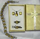 Elegant Citrine Yellow Necklace, Earrings, Bracelet, & Ring Size 8 Set