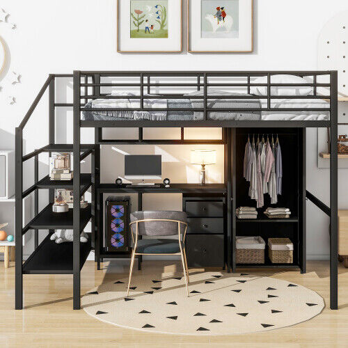 Metal Loft Bed with Desk Wardrobe & Storage Cabinet Shelves Full Size Bed Frames