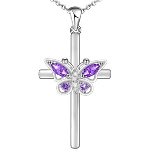 Fashion Purple Butterfly Silvery Cross Pendant Necklace Women Men Religious Gift