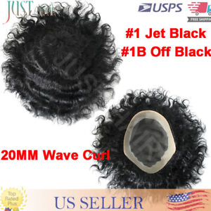 Afro Toupee For Black Men Fine Mono Lace Curly Human Hair Poly Weave System 20MM