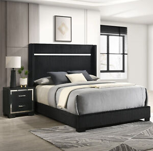 NEW Luxe Black Silver Queen King Bed & Optional Nightstand Modern Bedroom Set