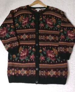 Vintage Words Hand Knitted Mohair Cotton Blend  Floral Cardigan Women's Sz M
