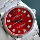 ROLEX MENS OYSTER PERPETUAL STEEL WATCH 34MM RED DIAMOND DIAL SMOOTH  BAND 14000
