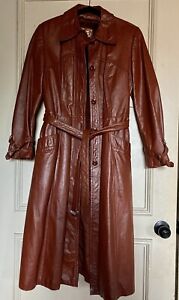 VINTAGE 70s Faux Leather Cognac Burgundy Fur Lined Trench Coat Jacket XS/ SMALL