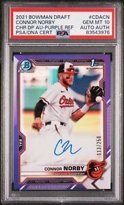 2021 Bowman Chrome Draft Connor Norby Purple Refractor Auto /250 PSA 10 RC CDACN