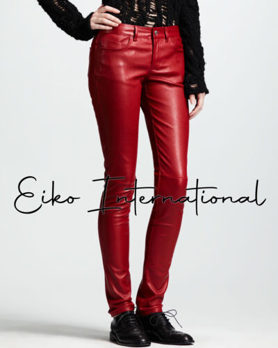 Women Genuine Lambskin Skinny Pants Red Real Leather Leggings Designer Trousers