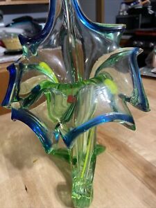 New ListingVintage Murano Style Blown Glass Multi Color Trumpet Vase 13” Tulip Base Heavy