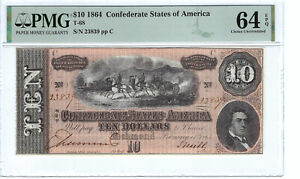 New Listing1864 $10 PMG Confederate States Of America 64 EPQ CHOICE UNC. T-68