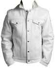 Men Real Sheepskin Vintage White Levi's Denim Style Soft Leather Trucker Jacket