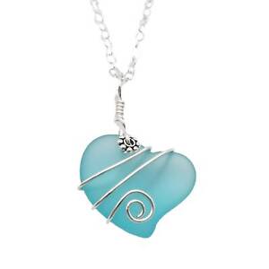 Hawaiian Jewelry Sea Glass Necklace, Wire Heart Necklace Aquamarine Necklace,