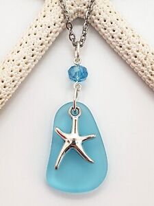 Sea Glass Necklace Jewelry w/ Aqua Blue Pendant & Starfish Charm, Handcrafted