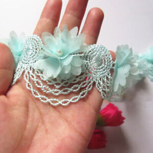 1 Yard 3D Flower Pearl Beaded  Trims Lace Ribbon Fabric DIY Wedding Dress Sewing
