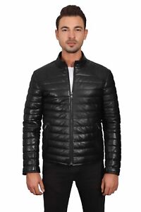 Men’s 100% Real Black Leather Puffer Style Classic Jacket