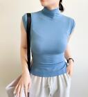 Women Sleeveless Turtleneck Vest Slim Thin Crop Top Tee Ribbed Tank T-Shirts Top