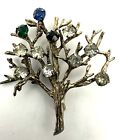 Vintage 925 Sterling Silver Multi-Color Stone Detailed Tree Of Life Brooch Pin