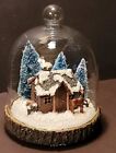 Christmas Glass Dome Pine Bark Base Cabin Brush Trees Snow Deer Decoration
