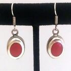 Vintage Sterling Silver Red Coral Earrings Oval Dangle Hook Signed Mexico