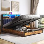 Queen Size LED Platform Wood Lift Up Storage Bed Frame with Charging Station