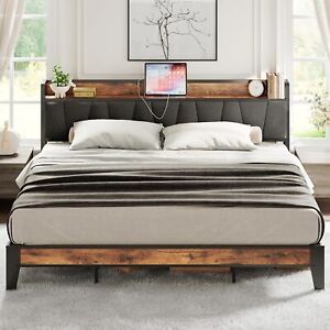 King Size Bed Frame, Storage Headboard with Charging Station, Solid and Stable