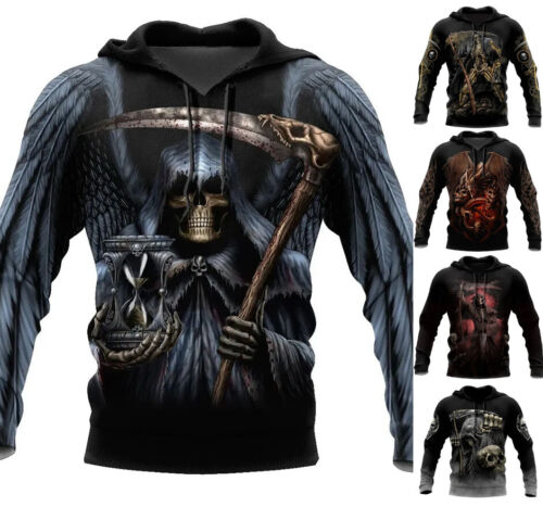 Skull Grim Reaper Hoodie Sweatshirt Mens Graphic Print Top Sizes Xs-5xl