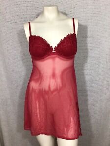 Delicates Woman Babydoll Nightie Lingerie Sheer with Bra Top Red Size Large