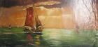 Antique signed oil painting fishermen in the sea landscape, seascape