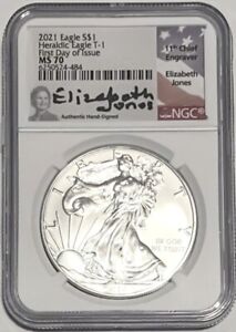 2021 SILVER EAGLE TYPE 1 FIRST DAY OF ISSUE NGC MS70 ELIZABETH JONES SIGNED
