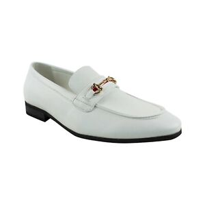 Men's White Leather Slip On Gold Buckle Dress Shoes Loafers Formal By AZARMAN