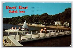 Okoboji IA Iowa Brooks Beach Lake Resort Motel Boats Chrome Postcard Posted 1984