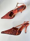 Vtg Y2K two lips pointy fabric orange abstract slingback stiletto heels Size 10