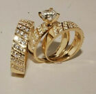 Real Moissanite His Her 14K Yellow Gold Plated  Bridal Wedding Ring Trio Set 2Ct