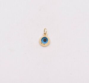 Round Small Ocean Blue Evil Eye Charm Pendant Real 14K Yellow Gold