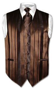 Men's Dress Vest & NeckTie DARK BROWN Color Woven Striped Design Neck Tie Set