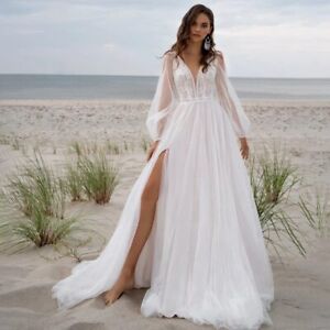 Beach Boho V-neck Tulle Wedding Dress Long Puff Sleeves High Split Bridal Gown