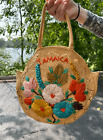Vintage STRAW Boho MARKET BAG Woven FLORAL Embroidered TOTE Purse BEACH Jamaica