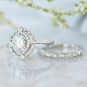 Art Deco 3 Ct Created Diamond Bridal Ring Set 14K White Gold Finish Silver