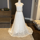 Women’s Wedding Dress V-Neck A-Line Cap Sleeve Lace overSatin White Size 6 NWT