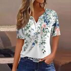 Womens T Shirt Tee Print Button Short Sleeve V- Neck Flower Colorful Ladies Tops